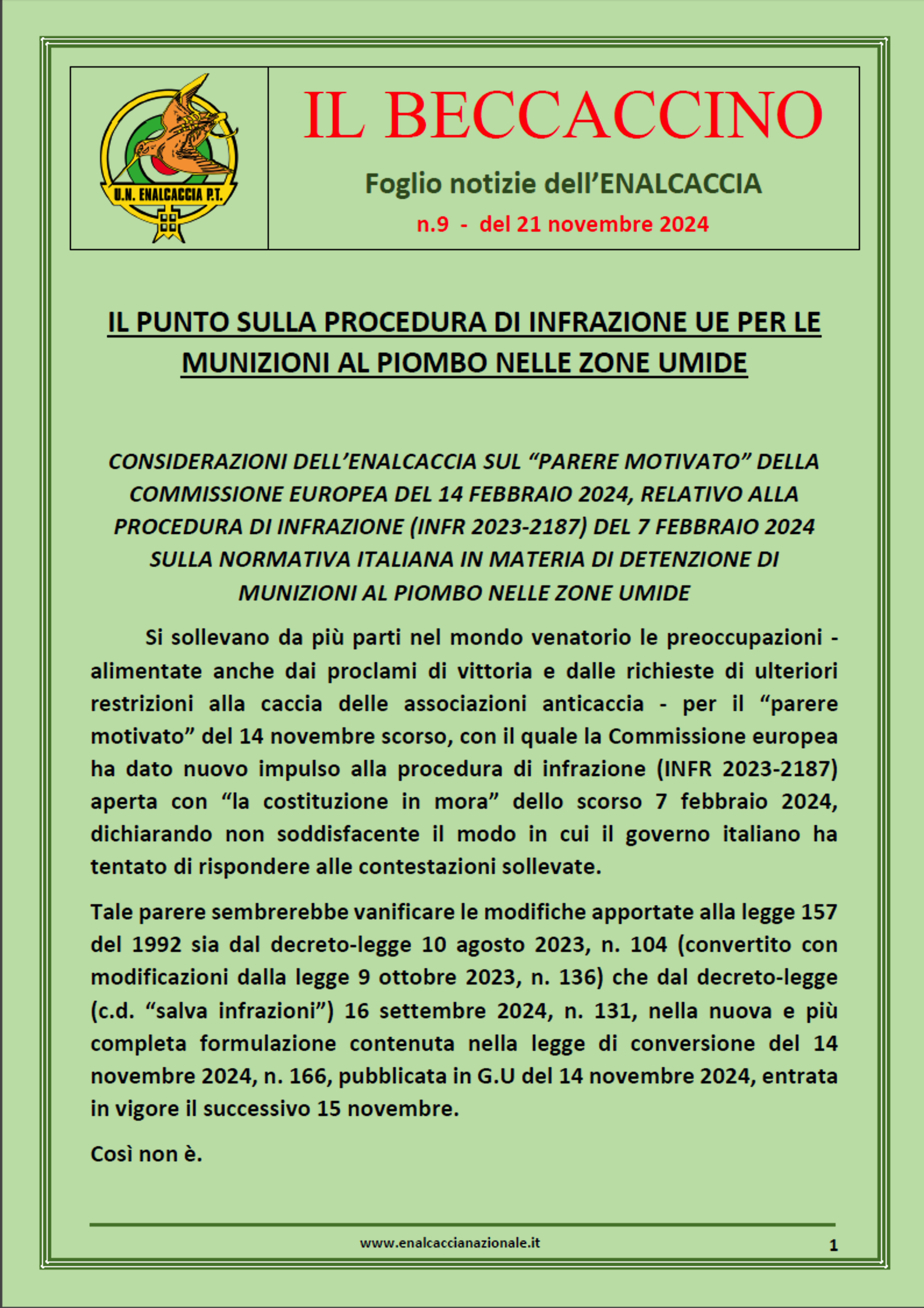 Foglio Notizie Il Becaccino - Nr. 9/2024